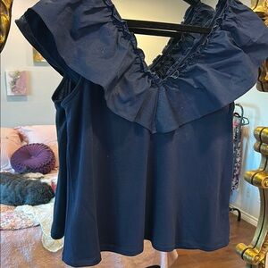 Crown & Ivy Elegant Navy Ruffle Top Sz L